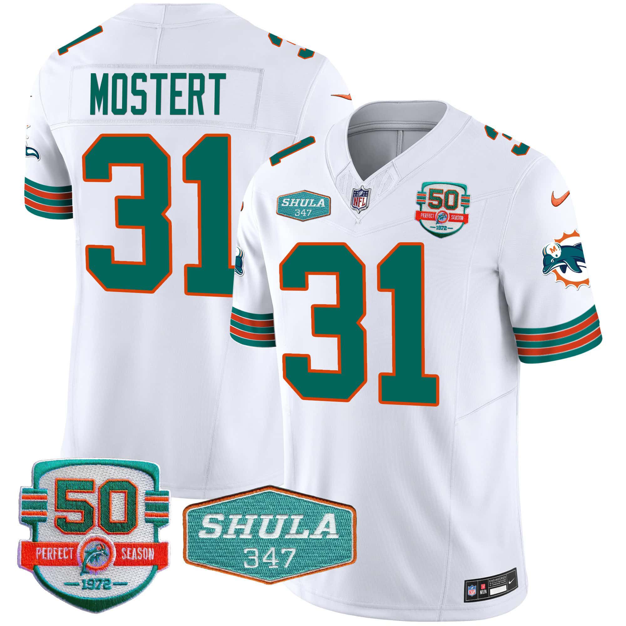 Men Miami Dolphins #31 Mostert White 2024 Nike Throwback Shula 347 Patch Vapor NFL Jersey->indianapolis colts->NFL Jersey